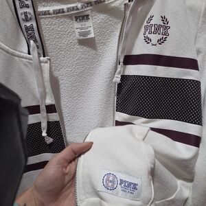 PINK Victoria's Secret White Zip Hoodie with Maroon Stripes & Black Dot Panels
